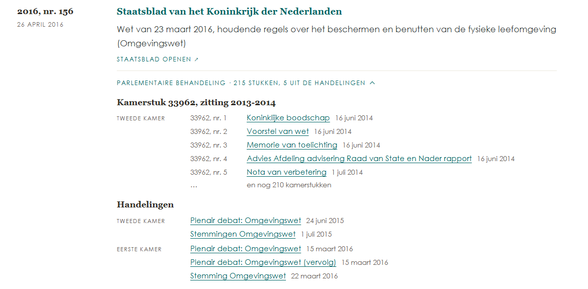 Parlementaire behandeling van de Omgevingswet, Stb. 2016, 156, met de Handelingen van de Tweede en de Eerste Kamer